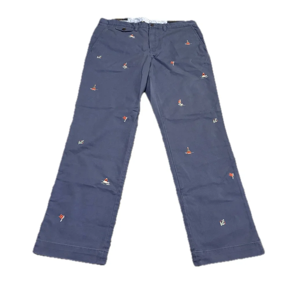 Polo Ralph Lauren Mens Navy Nautical Embroidered Stretch Straight Pant 34x32 NWT